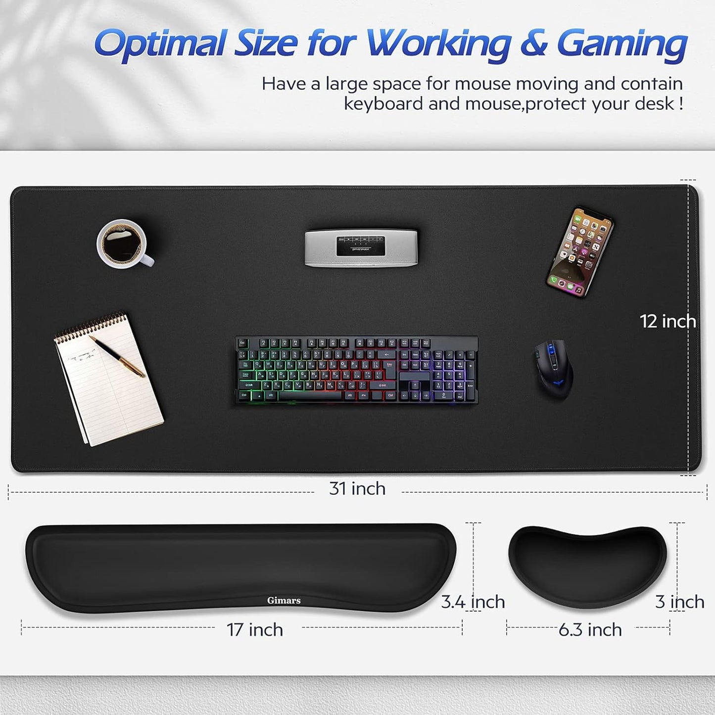 Gimars Upgrade Enlarge Silky and Superfine Fabric Gel Memory Foam Keyboard Wrist Rest Set, Ergonomic Keyboard Mouse Wrist Support for Typing Pain Relief, Comfort for Office, Gaming, Computer, Black