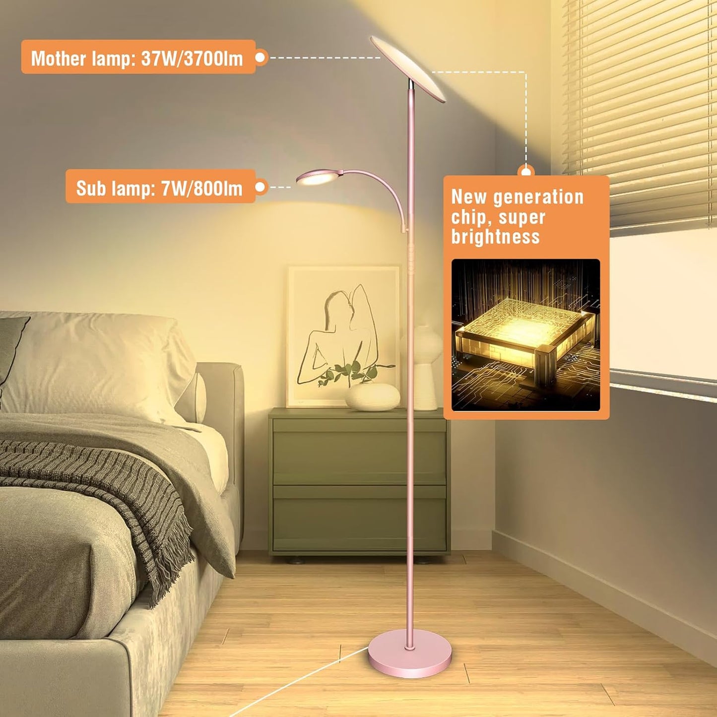 marctronic Floor Lamps for Living Room, 44W/4500LM Super Bright 2 in 1 LED Floor Lamp with Remote, Stepless Dimmable, 69" Tall Standing Floor Lamp with Bendable Reading Light for Bedroom Office
