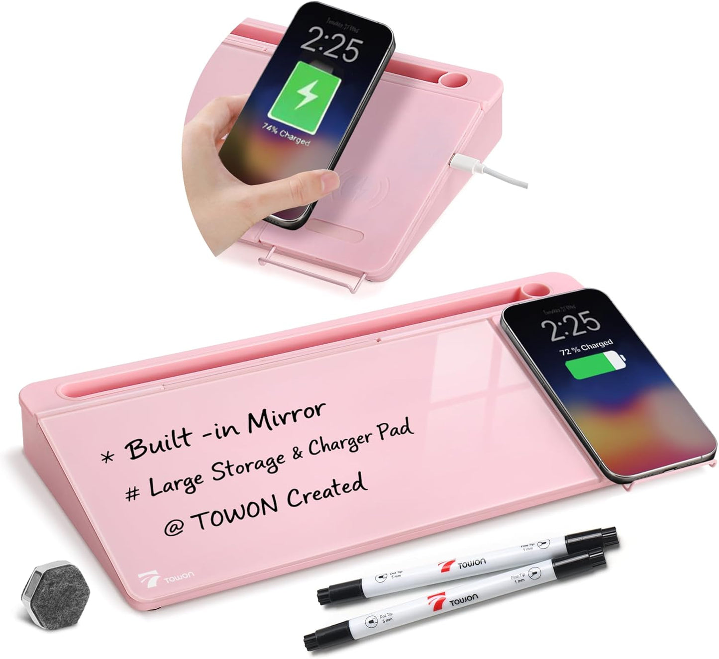 TOWON Small Compact Glass Desktop Whiteboard with Storage – 12 x 7 in Dry Erase Board for Desk, Home Office, School | Includes 5 Markers, Eraser & Holder | Space-Saving Organizer, Aesthetic Rose Gold