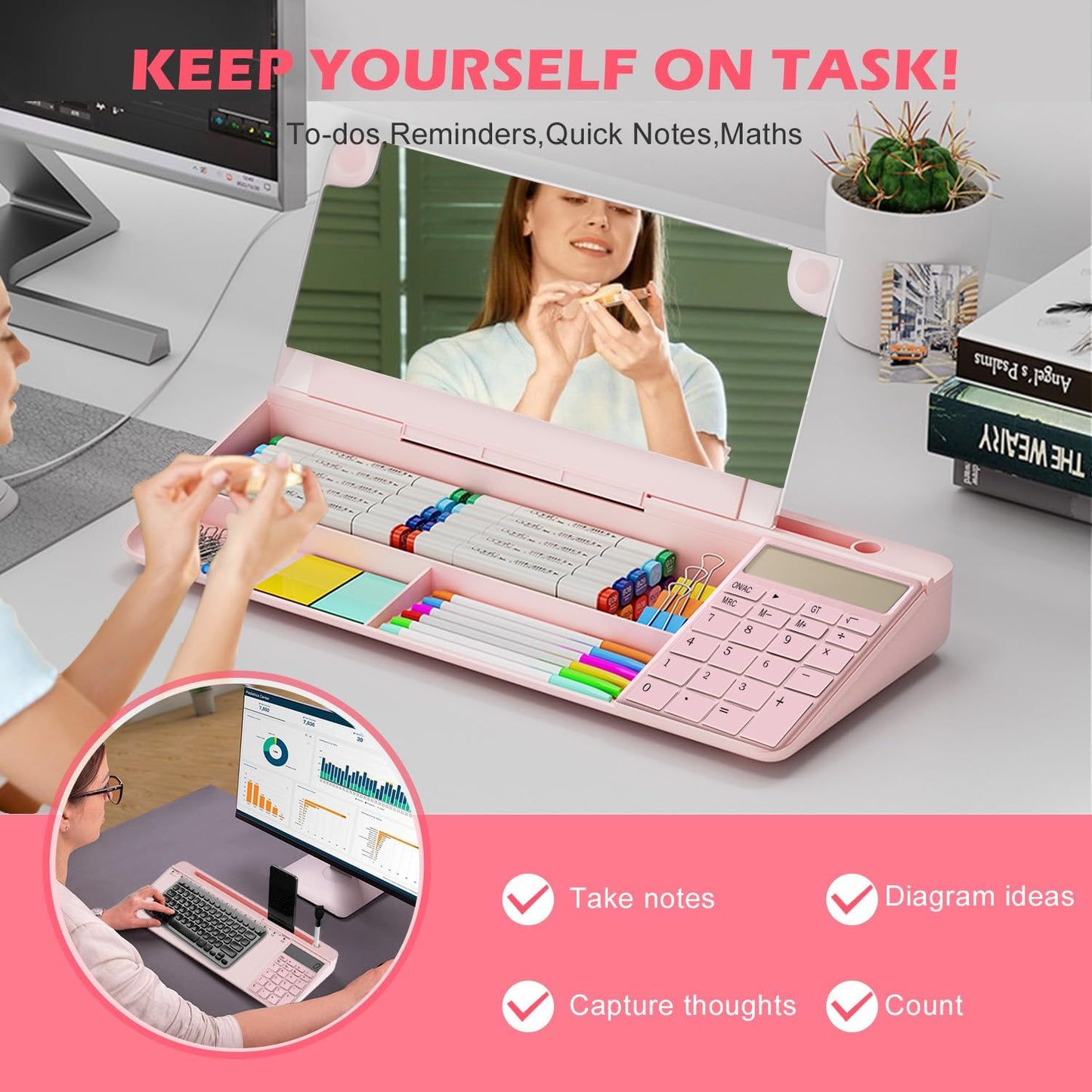 Desktop Glass Whiteboard with Mirror & Calculator(12 Digit LCD Display) & Ruler Marker,Tilted Computer Keyboard Stand with Dry Erase Board Surface, Desk Organizers with Accessories,Black