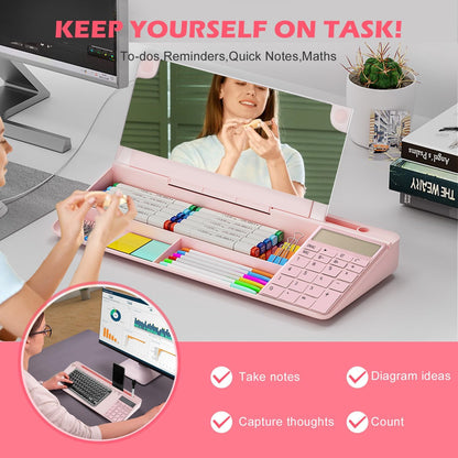 Desktop Glass Whiteboard with Mirror & Calculator(12 Digit LCD Display) & Ruler Marker,Tilted Computer Keyboard Stand with Dry Erase Board Surface, Desk Organizers with Accessories,Black