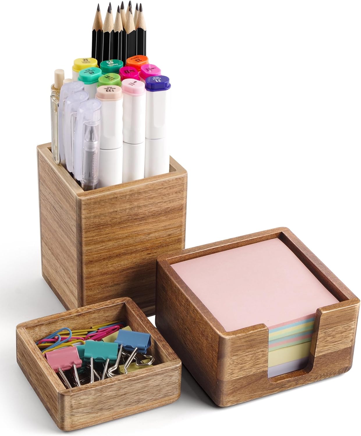 Acacia Wood Sticky Note Holder, Post It Note Dispenser for Office Desk, 3x3 Sticky Notes Organizer, Wooden Memo Pad Holder for Desk Home Accessories, No Pads Included (Sticky Note Holder)