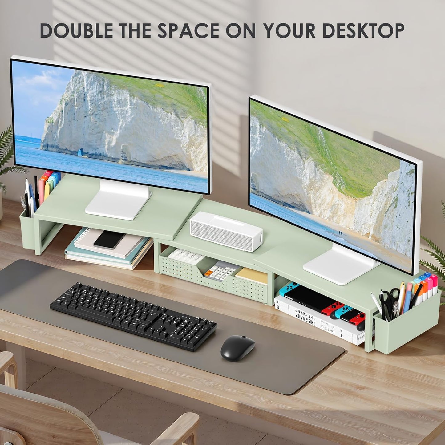 OPNICE Desk Organizers and Accessories, Dual Monitor Stand Riser with Drawer and 2 Pen Holders, Desk Shelf Wood Computer Racks for Office Workspace Organizers, Desktop Organization (Rustic Brown)