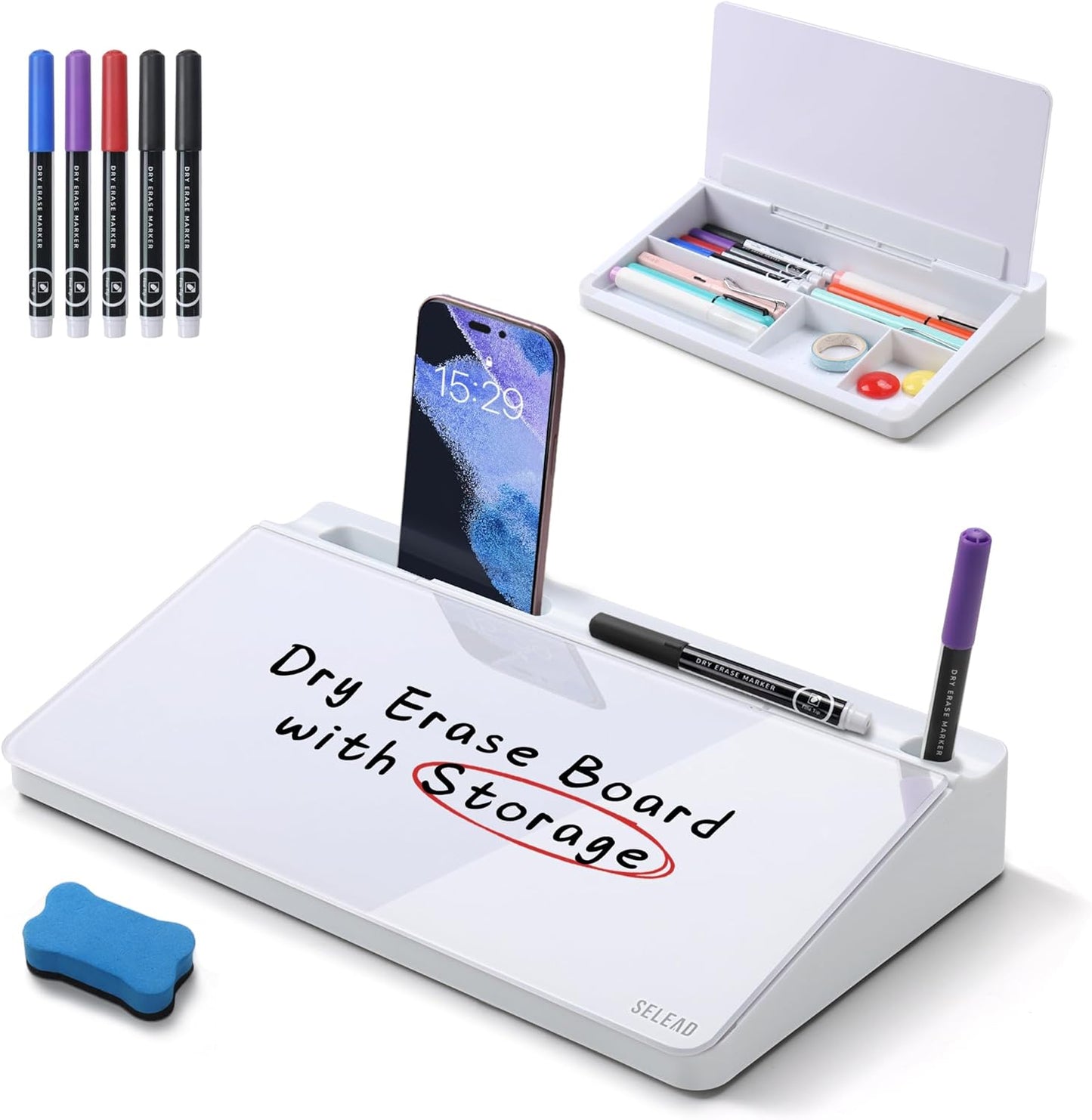 SELEAD Desktop Glass Whiteboard with Wireless Charger Station, Dry Erase Board Computer Pad Keyboard Stand with Organizer for Home, School, Office Desk Accessories, Black