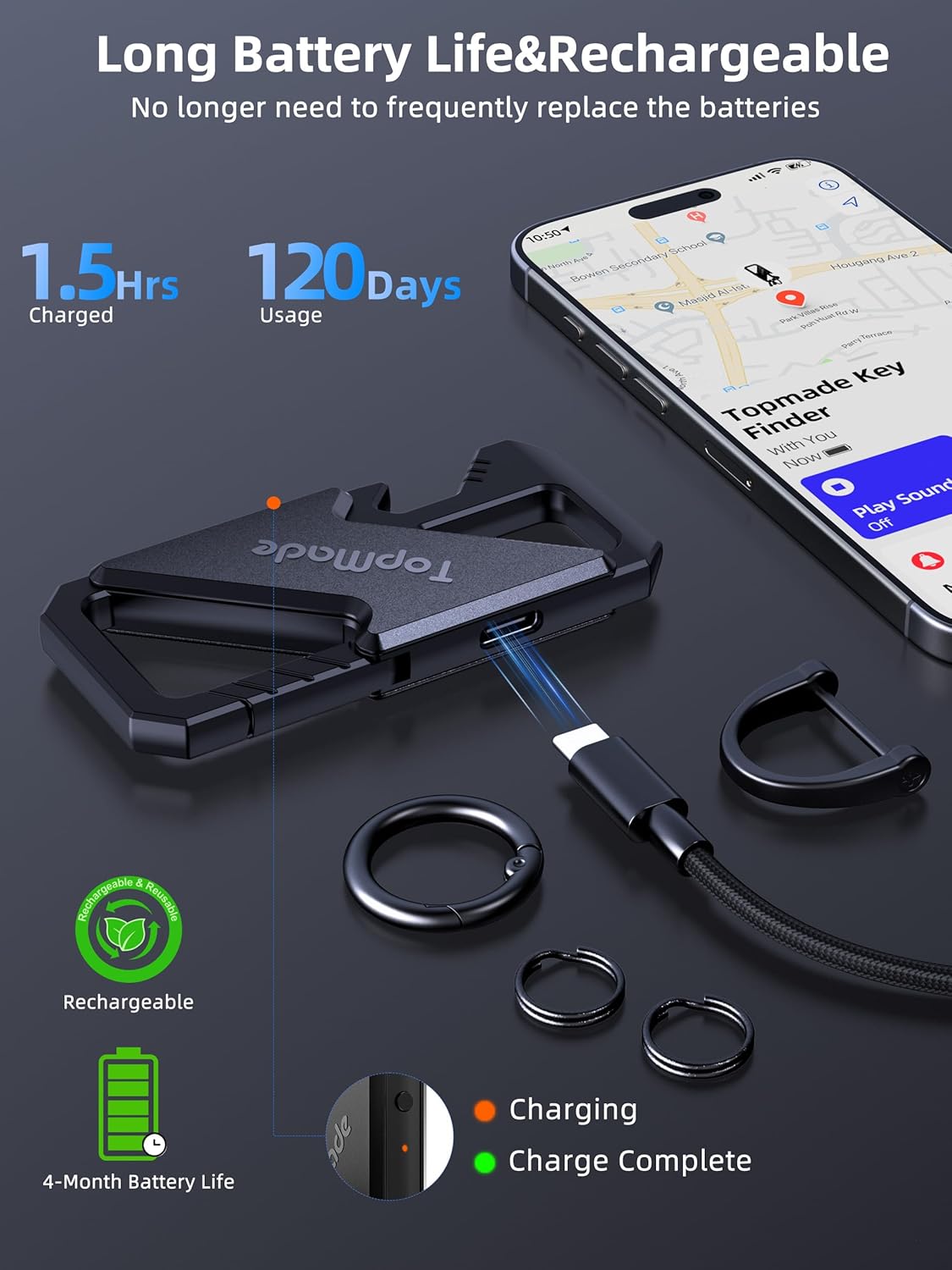 Keychain, Works with Apple Find My, Heavy Duty Key Chains Carabiner Bottle Opener, Car Key Finder with GPS Tracker, Rechargeable Bluetooth Key FinderTracker for Luggage, Bags, Backpack etc, Black