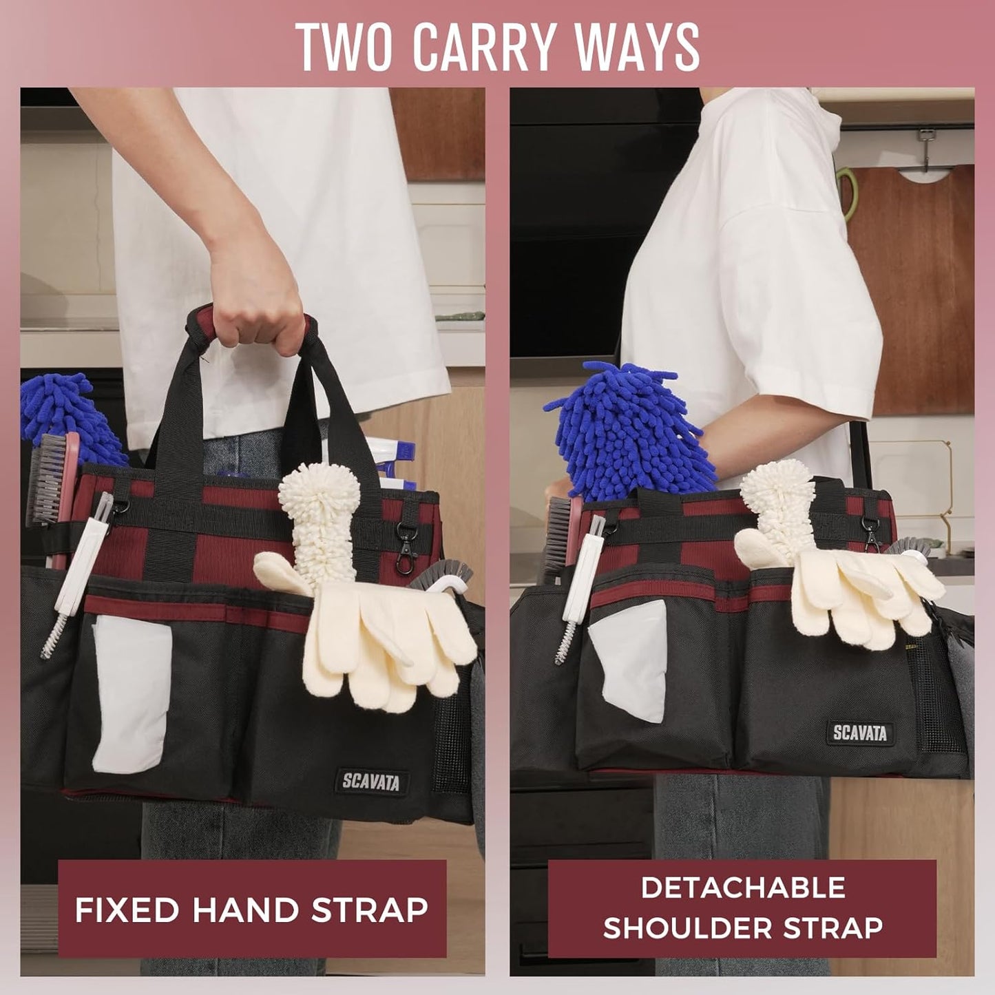 SCAVATA Compact Wearable Cleaning Caddy, Small Supplies Organizer with Handle & Shoulder Straps for Housekeepers, Under Sink & Car Cleaning Tool Organizer Bag (Black)