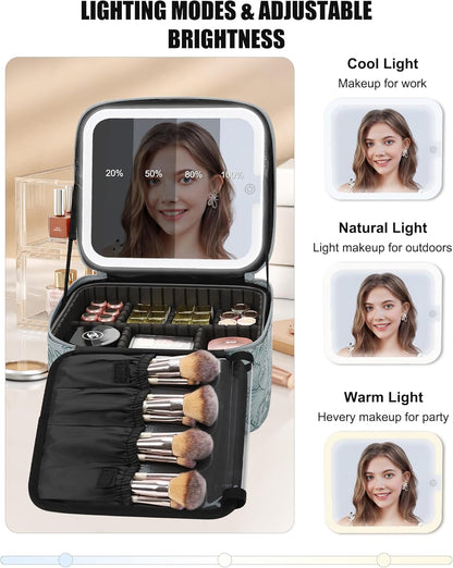 Relavel Travel Makeup Bag With LED Mirror, Cosmetic Train Case with Light up Mirror, Portable Makeup Artist Organizer Bag with Adjustable Dividers, Makeup Brush Holder Storage, Black