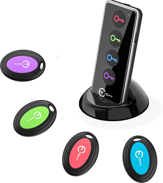 Esky Key Finder Locator with Sound, 80dB Item Trackers with 131ft Range Beeper Tags, Wireless Key Finders for Finding Keys Wallet Remote Control Pet Phone, 4 Receivers & Flashlight