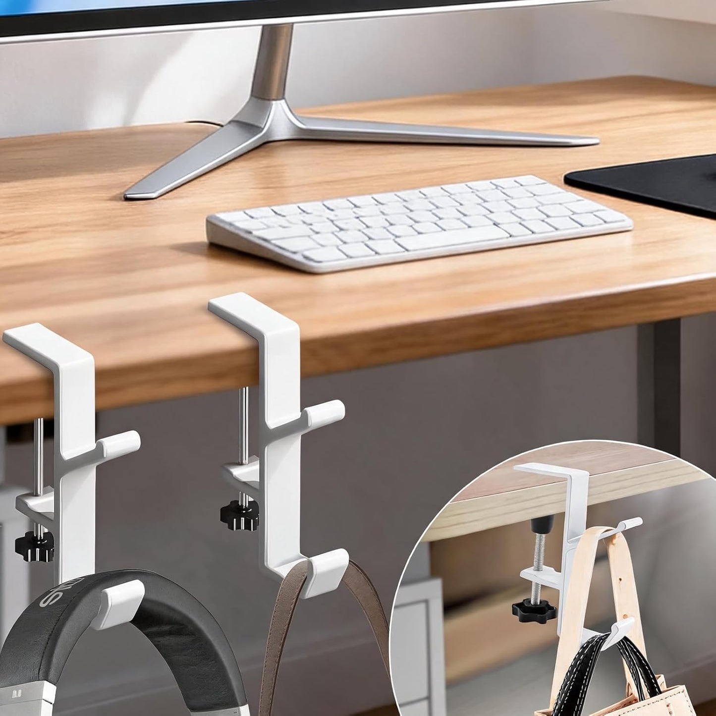 Desk Mount Bag Holder Hook Clamp,On Backpack Hanger Portable Desk Mount Headphones Holder for Reduce Desk Clutter Table Desk Table Hanging Storage (1 Pcs-Double Hook White)