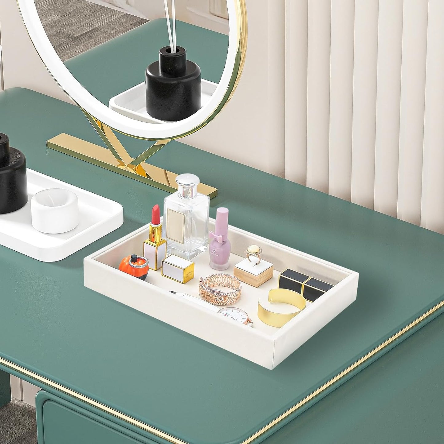 Bedside Organizer - Multi-use Holder for Desk Drawer, Nightstand, Desktop - Catchall Tray for Jewelry, Sunglasses, Phone, Watch, Perfume, Lipstick (Beige 5Grid)