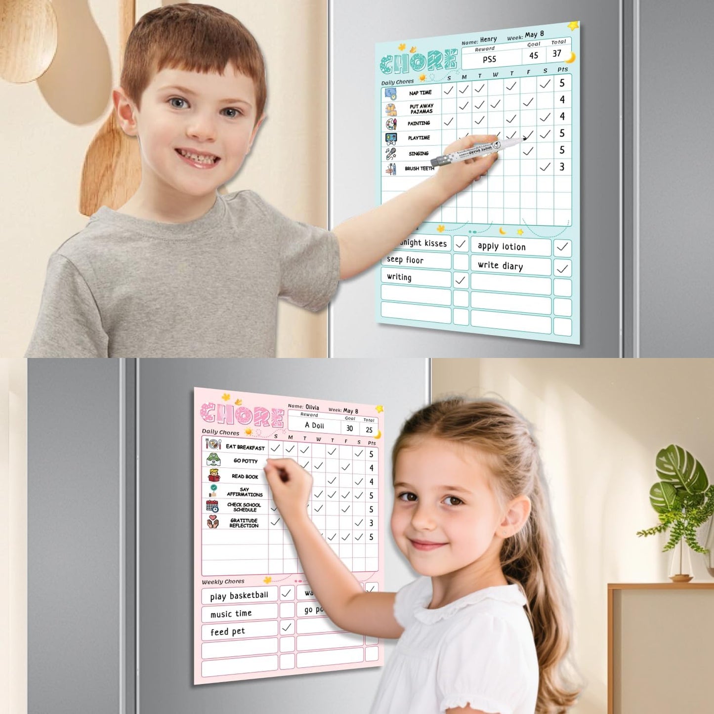 Upgraded Slider Dry Erase Chore Chart for Kids, Whiteboard Magnetic Chore Chart for 2 Kids, Reusable Morning/Bedtime Routine Chart for Kid Toddlers Teens Adult, Visual Schedule for Kid with Autism