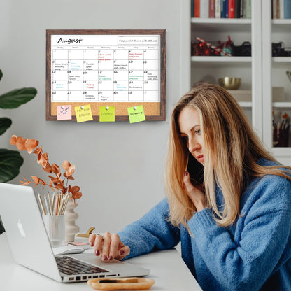 Calendar Whiteboard for Wall, TANKEE 17x13 Inches Whiteboard Calendar Cork Board Combo, Small Magnetic White Board with Wood Framed, Hanging Dry Erase Board for Kitchen Home Office School Planner