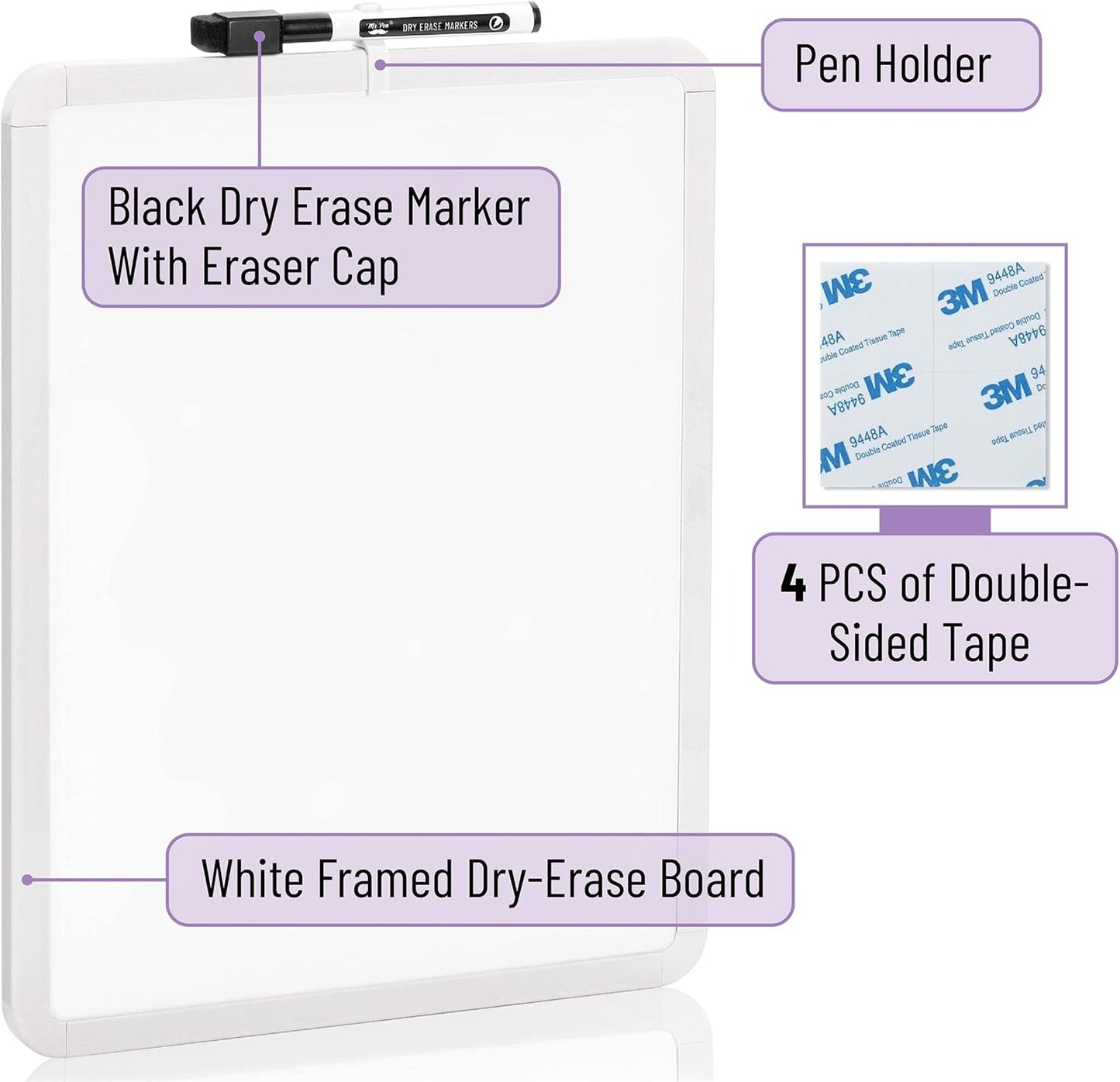 Mr. Pen- Dry Erase Board, 14” x 11” with a Black Dry Erase Marker, White Frame, Small Mini White Board for Students, Fridge, Wall, Locker, Includes Double Sided Tapes