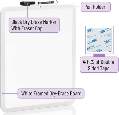 Mr. Pen- Dry Erase Board, 14” x 11” with a Black Dry Erase Marker, White Frame, Small Mini White Board for Students, Fridge, Wall, Locker, Includes Double Sided Tapes