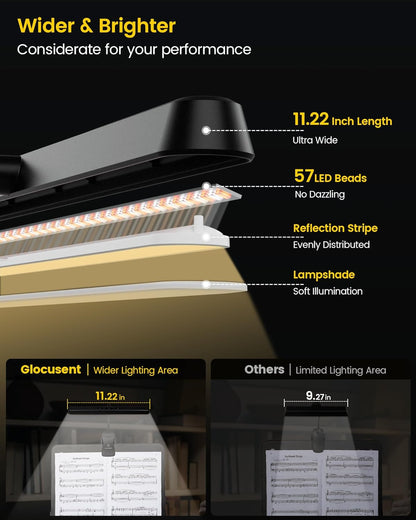 Glocusent Super Bright Eye-Caring Music Stand Light, Clip on Piano Lamp with 3 Colors & 5 Brightness Levels, 57 LEDs, USB-C Rechargeable, Lasts up to 140 Hrs, Perfect for Piano & Sheet Music