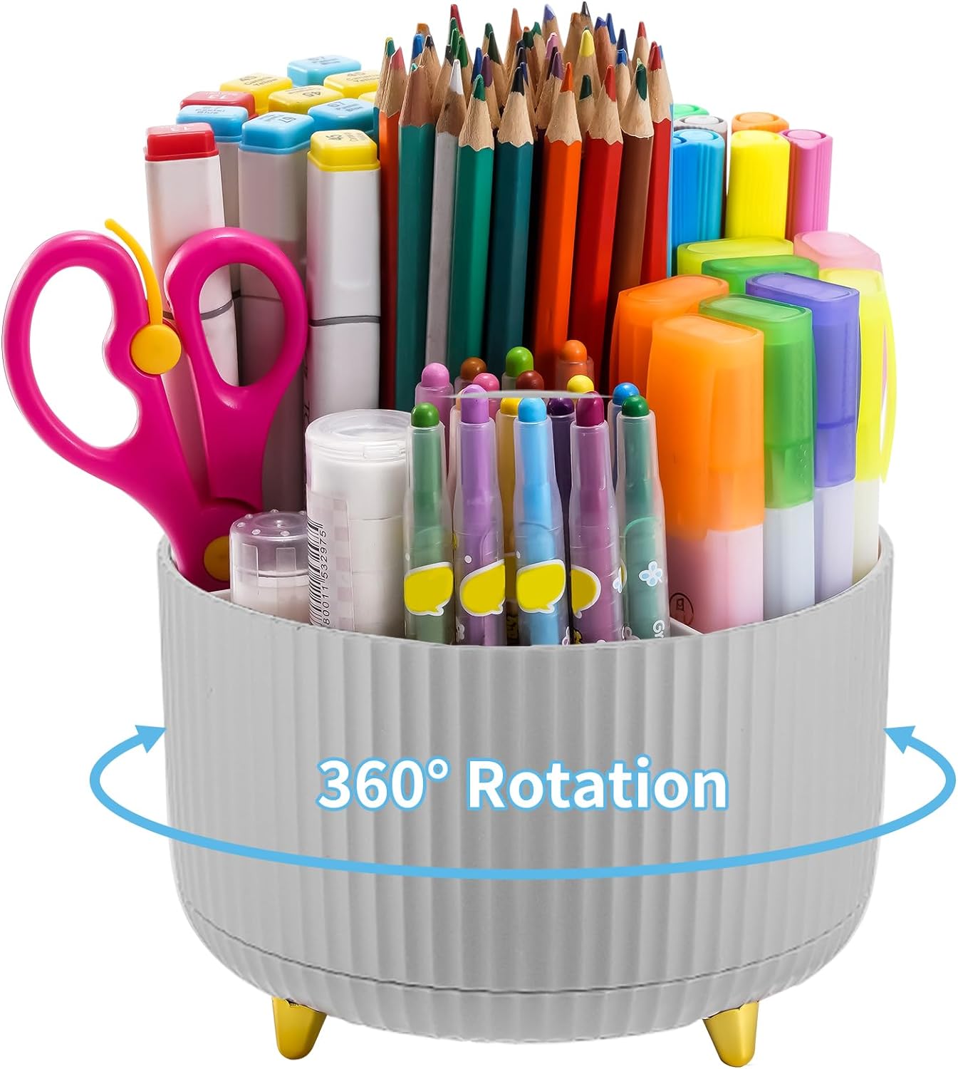 Marbrasse Desk Organizer, 360-Degree Rotating Pen Holder, Desk Organizers and Accessories with 5 Compartments Pencil Holder, Art Supply Storage Box Caddy for Office, Home（White）