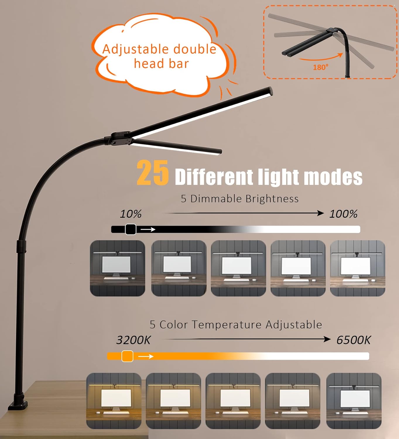 Double Head LED Desk Lamp, Architect Desk Lamps for Home Office, 24W Brightest Workbench Office Lighting-5 Color Modes and 5 Dimmable Eye Protection Modern Desk Lamp (Black-Desktop, Big)