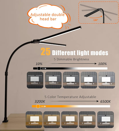 Double Head LED Desk Lamp, Architect Desk Lamps for Home Office, 24W Brightest Workbench Office Lighting-5 Color Modes and 5 Dimmable Eye Protection Modern Desk Lamp (Black-Desktop, Big)