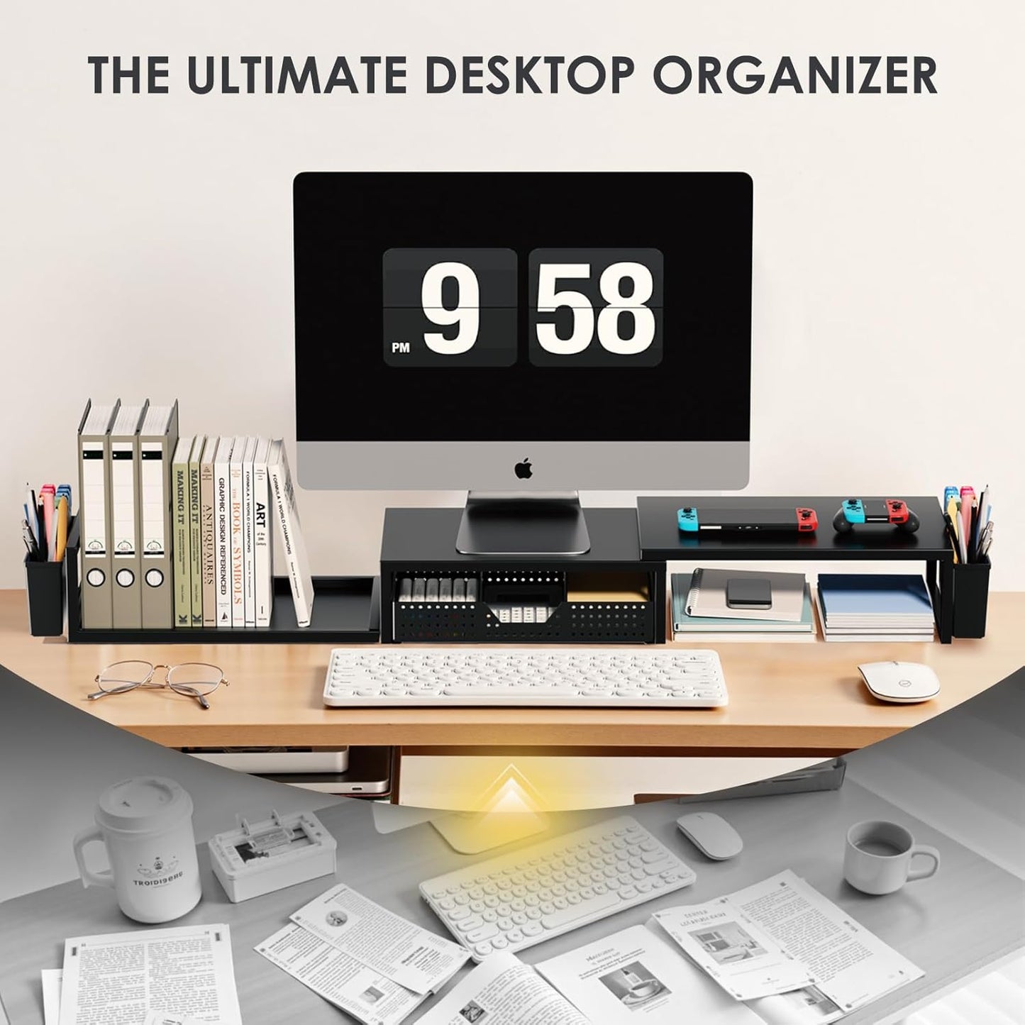OPNICE Desk Organizers and Accessories, Dual Monitor Stand Riser with Drawer and 2 Pen Holders, Desk Shelf Wood Computer Racks for Office Workspace Organizers, Desktop Organization (Rustic Brown)