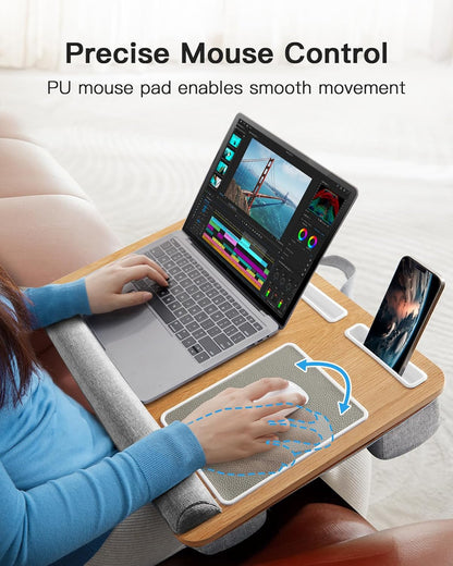 HUANUO Lap Desk - Fits up to 17 inches Laptop Desk, Built in Mouse Pad & Wrist Pad for Notebook, Laptop, Tablet, Lap Stand with Tablet, Pen & Phone Holder, Wood Grain