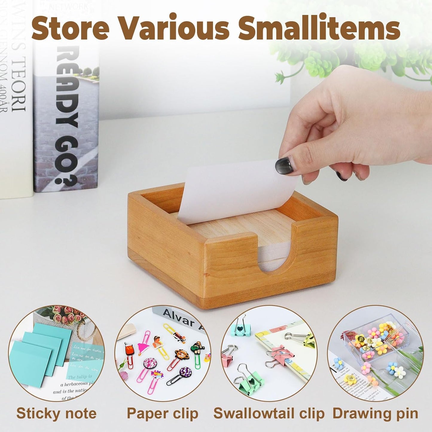 MultiBey Walnut Wood Sticky Notes Holder for Desk, 4x6 Inch Self -Sticky Note Memo Holder, Wooden Sticky Note Dispenser Office Desk Organizer for Dorm Room Office Home School (S)