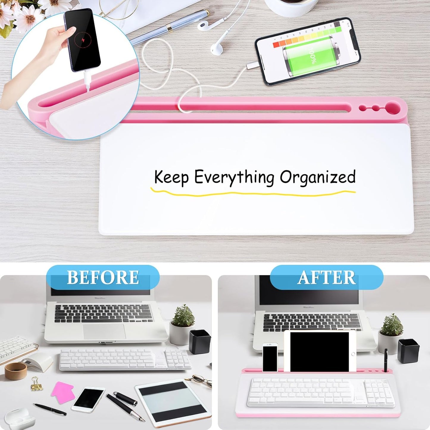 DOLLAR BOSS Glass Desk Whiteboard Calendar Small Dry Erase Board Desktop White Board with Storage Drawer Computer Keyboard Stand Desk Organizer, Colorful Weekly Calendar, Black