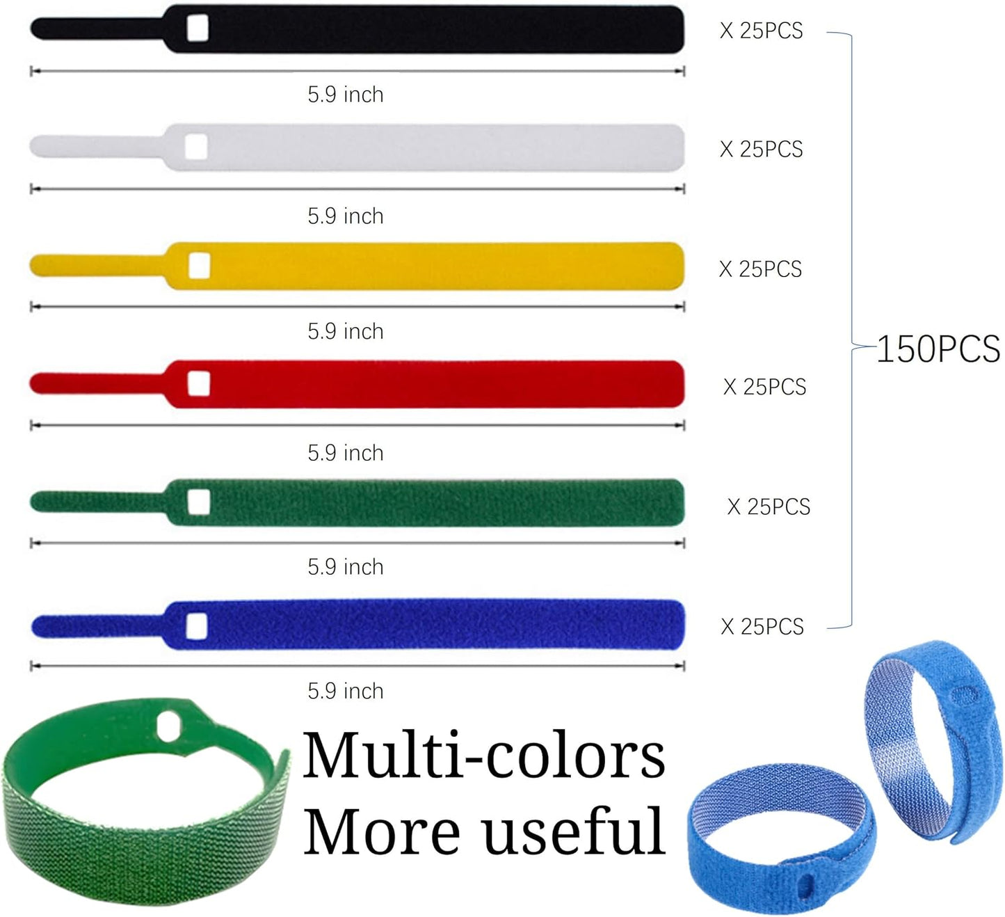 QUALIALL 150-PACK Premium Reusable Cable Ties, Strong Adhesion Nylon Cord Ties for PC and Wire Management, Durable. 5.9"