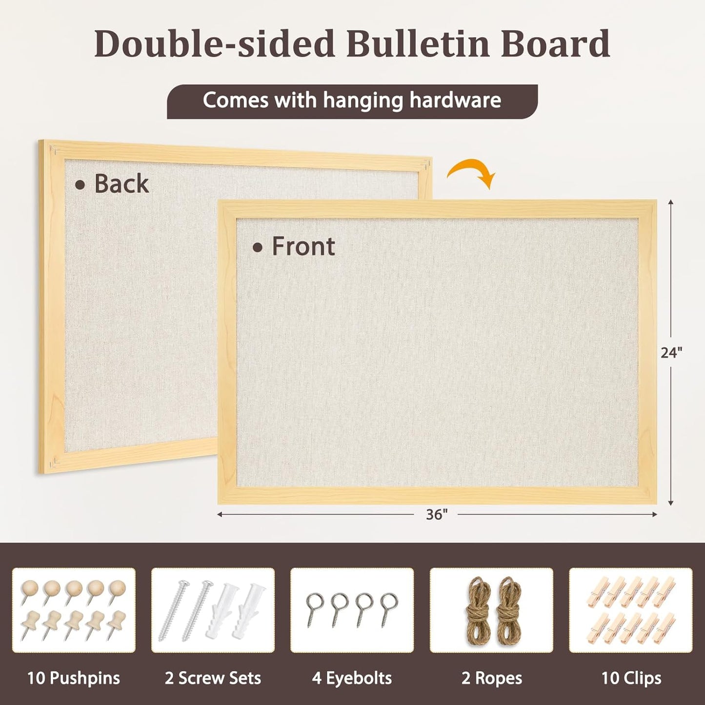 DOLLAR BOSS Bulletin Boards with Linen 1-Pack 16''X 12'' Double-Sided Cork Board for Walls Wood Framed Bulletin Boards, Small Pin Board for Home Kitchen Office Decorative Hanging 10 Pushpins
