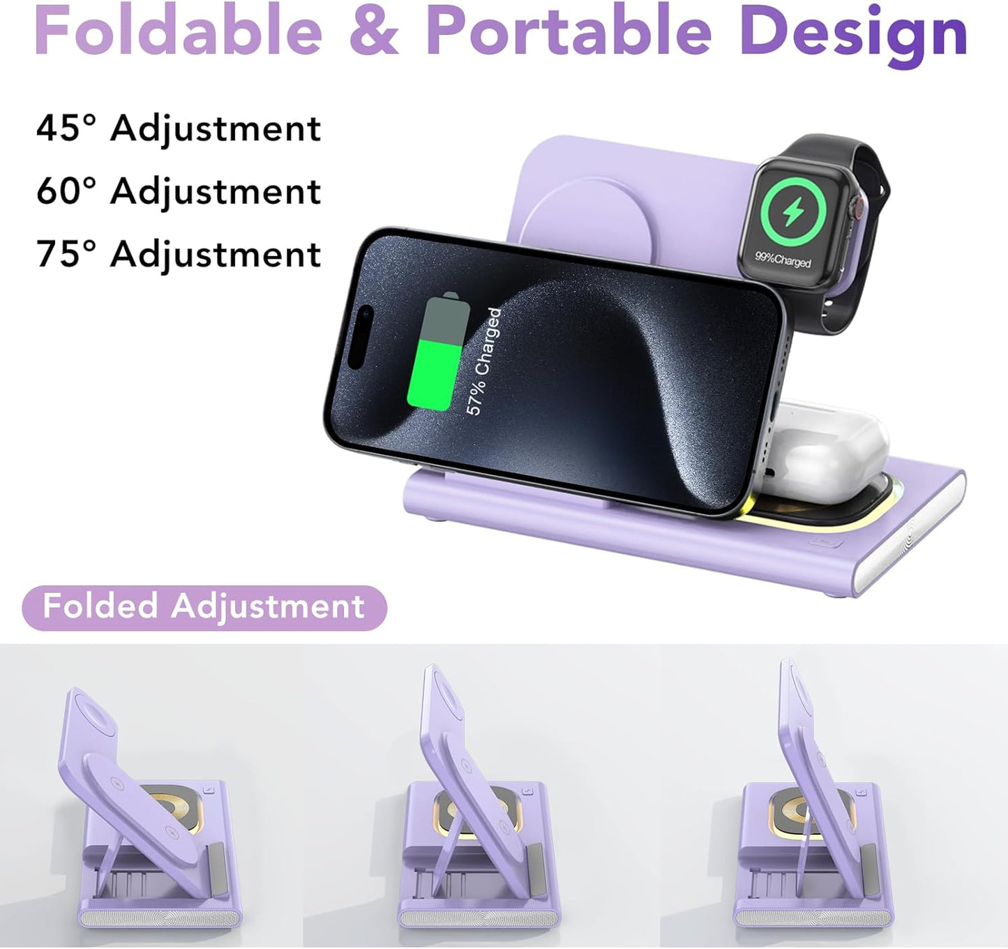 3 in 1 Foldable Charging Station for Apple Products,Wireless Charger for iPhone 17 16 15 14 13 12 Pro Max,Travel Dock Adapter&Light for iWatch Series 11 10 9 Ultra 3/2 SE 3/2,for AirPods 4 3 2 Pro 3/2