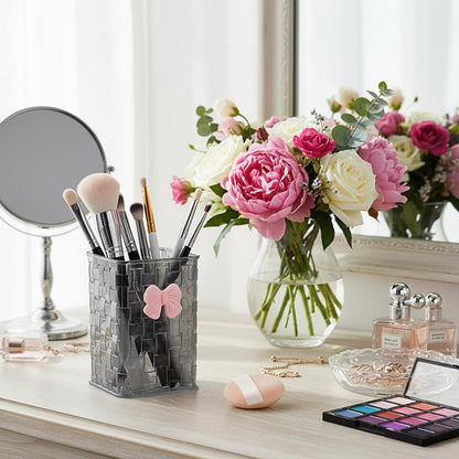 Artistic Acrylic Pen Holder Cute, Clear Stylish Pencil Holder for Desk, Black Transparent Makeup Brush Holders with Woven Texture and a Pink Bow, Clear Pencil Organizer Pen Caddy for Desk Accessories