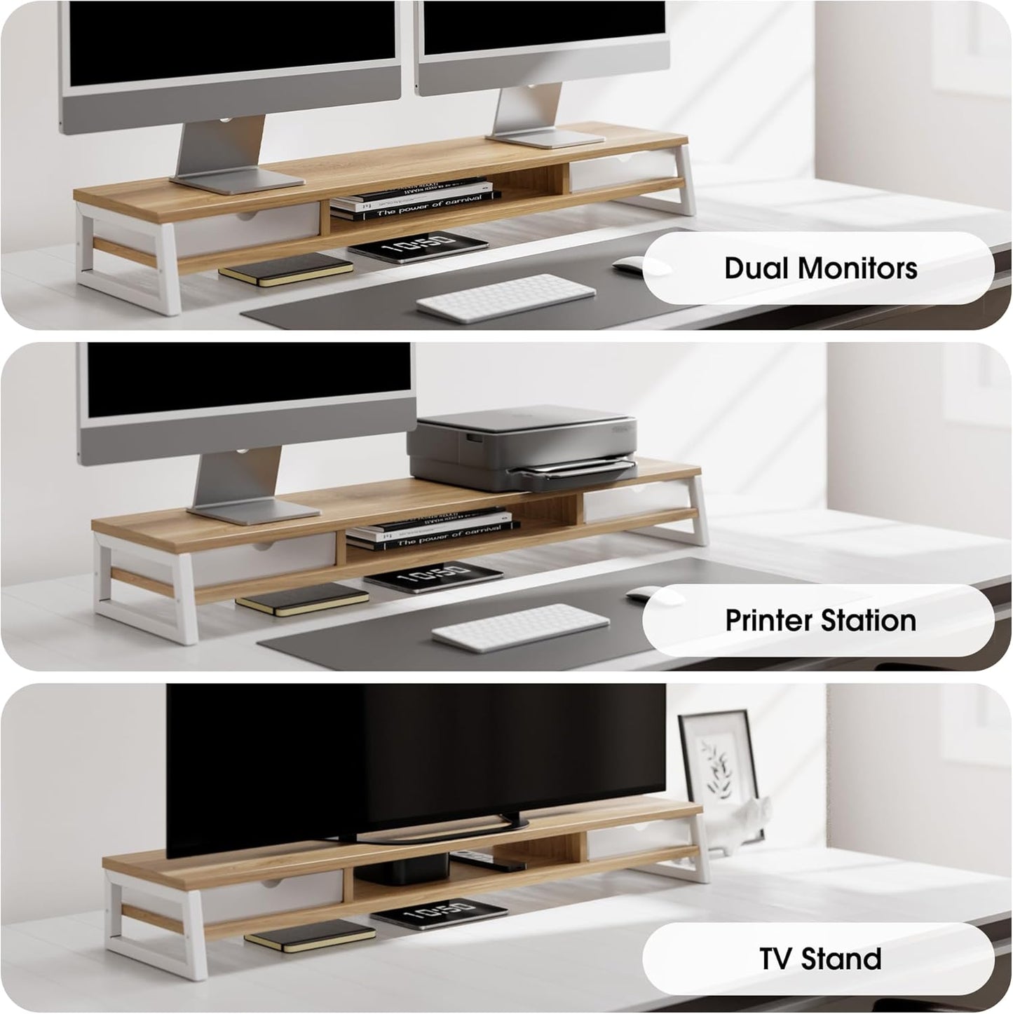 Fenge Dual Monitor Stand, Monitor Riser with Drawer, 42.5 Inch Large Computer Monitor Stand for 2 Monitors, 2 Tier Wooden Desk Shelf for Top of Desk