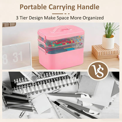 3-Layer Plastic Craft Organizers and Storage Box with Removable Trays, Storage Containers with lids and Handle, Art Supply Storage Organizer for Bead, Ornament, Nail Polish, Tape（10.62"x9"x7.67"）