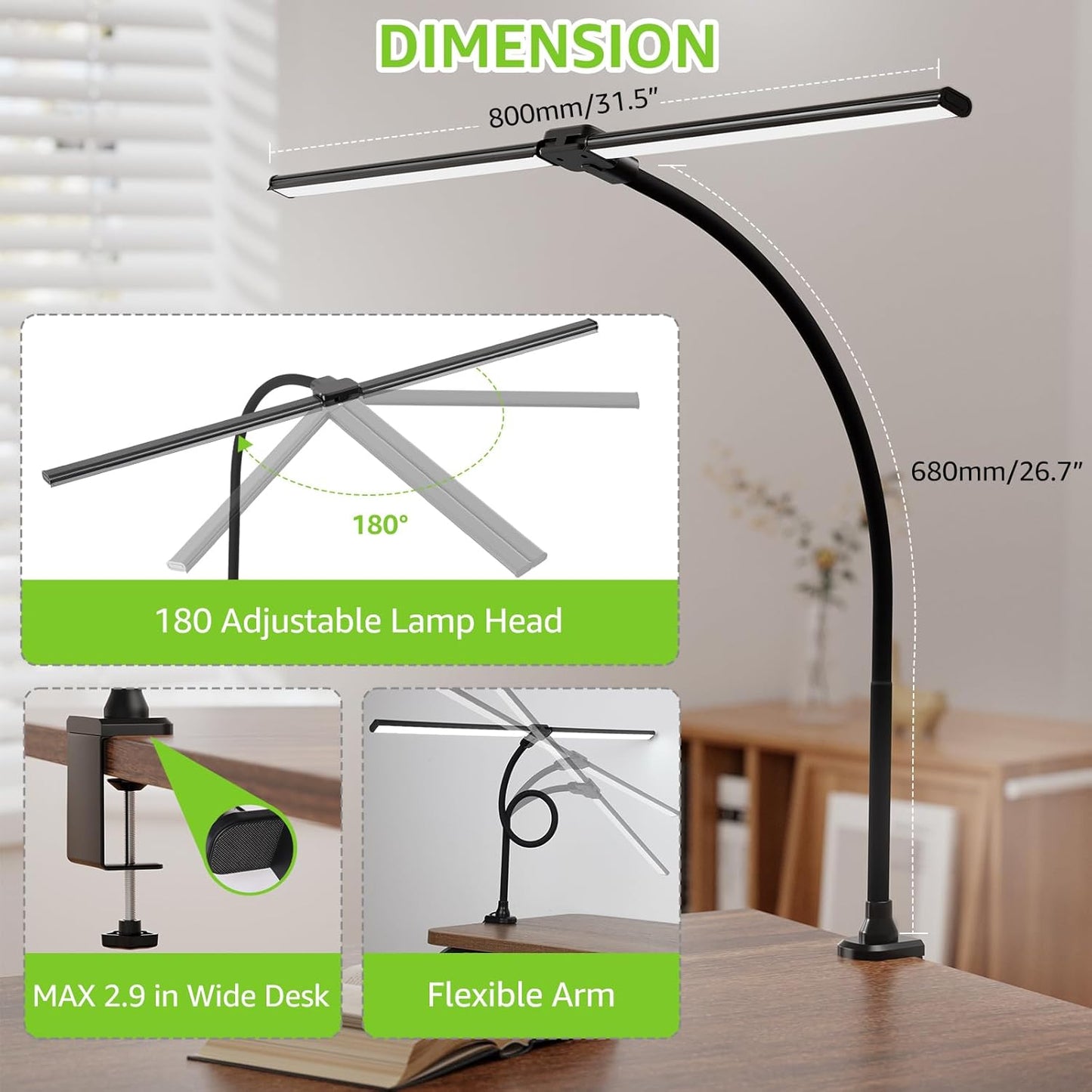 ShineTech LED Desk Lamp for Home Office, Ultra Bright Clamp Light with Flexible Gooseneck, 25 Lighting Modes, Eye-Caring Architect Lamp for Dual Monitors, Reading & Gaming Setup