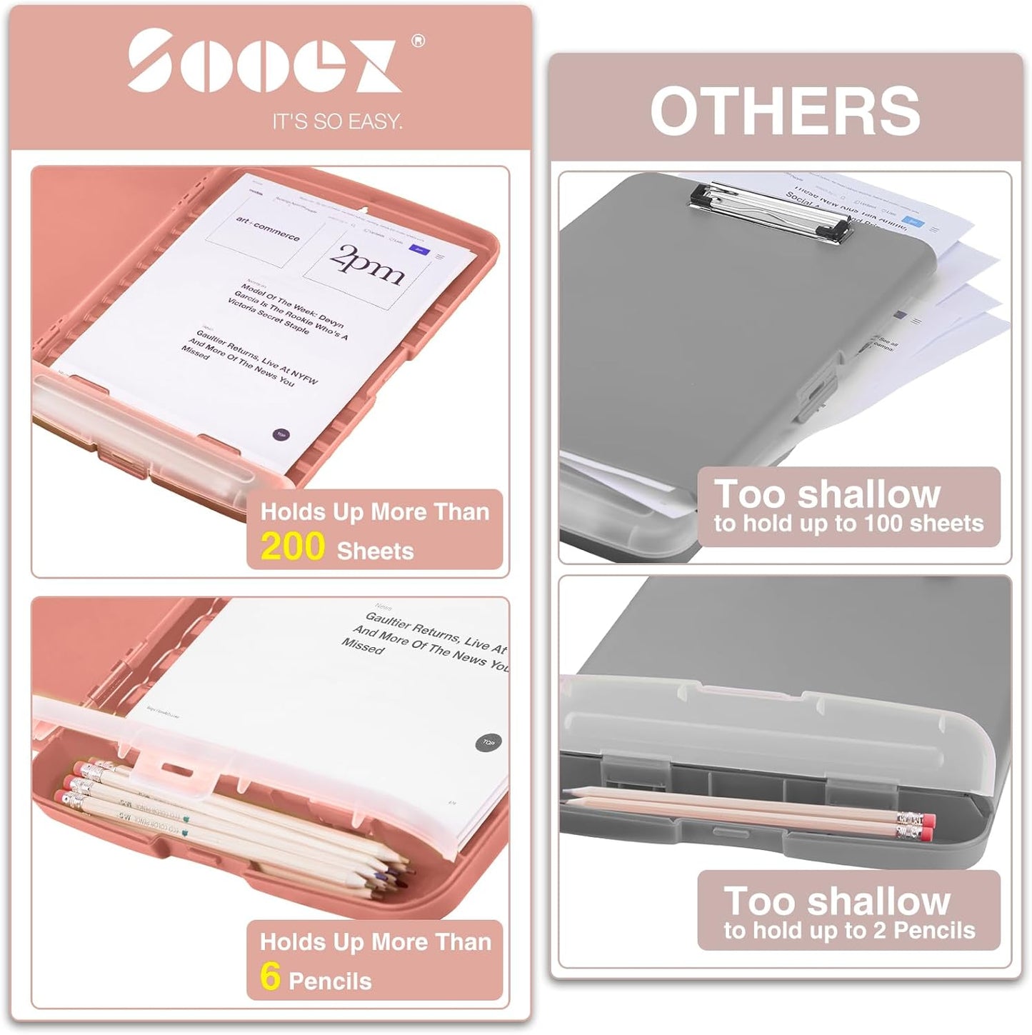 Sooez Clipboard with Storage, Clip Board 8.5 x 11 with Pen Holder, Plastic Organization Case Box for Letter Legal A4 Size Paper, Low Profile Clip, Nurses Teachers Must Haves, School & Office Supplies