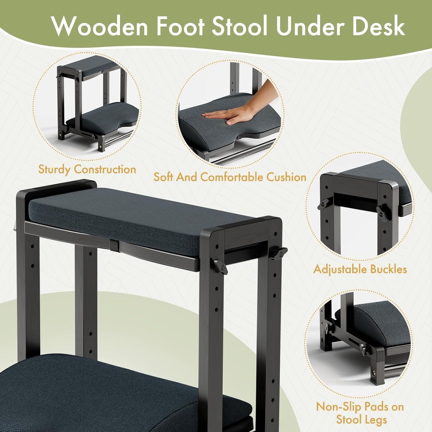 Double Step Foot Rest Under Desk, Adjustable Wooden Desk Foot Rest with 4 Heights, Ergonomic Foot Stool with Cushion for Office, Gaming & Study (Natural Color)
