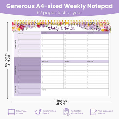 Weekly To Do List Notepad with 52 Undated Sheets（8.5"×11"）- Undated Weekly Planner Notepad for Office Desk Accessories and Supplies - Midnight Lilac
