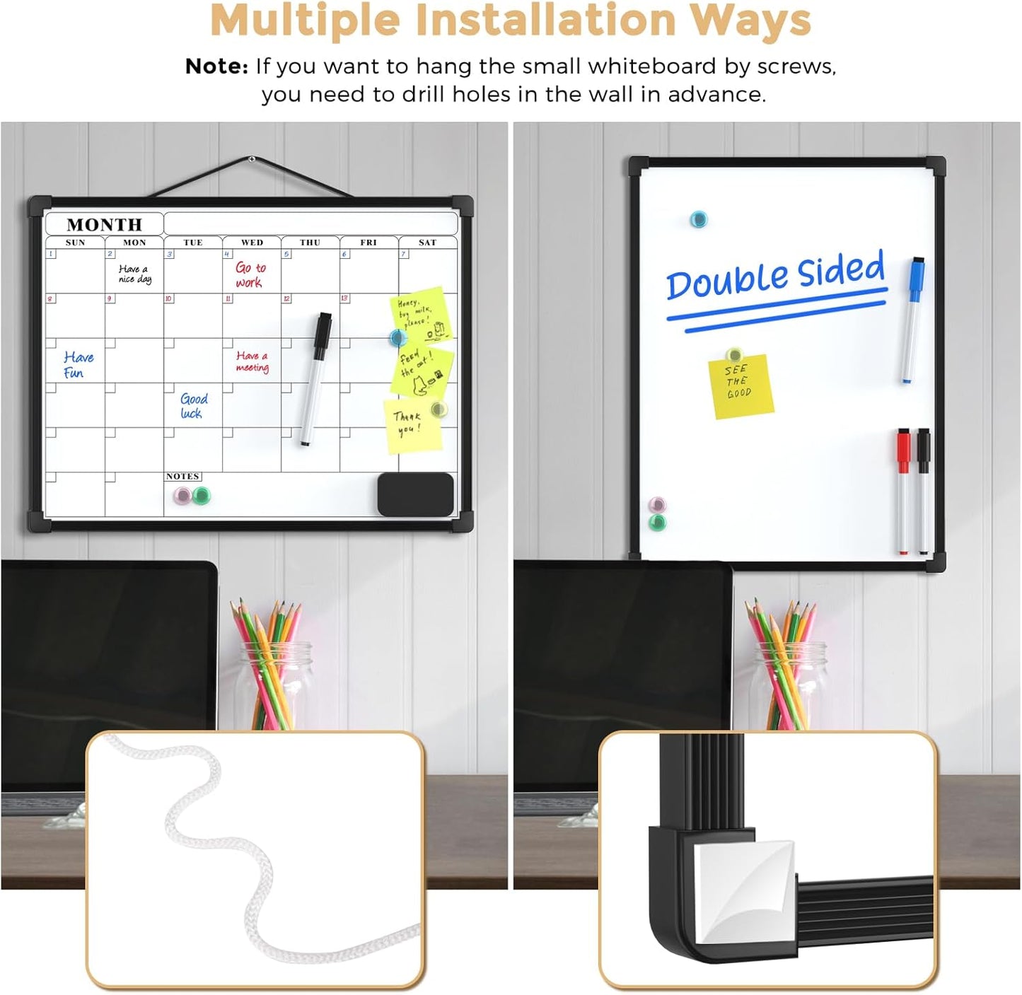 MaxGear Monthly Calendar Dry Erase Board for Wall, 16"x12" Small Hanging Double-Sided White Board, Portable Whiteboard for Planning, Drawing, Memo, to Do List, School, Home, Kitchen, Office
