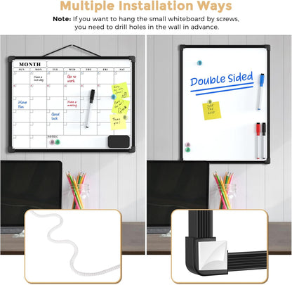 MaxGear Monthly Calendar Dry Erase Board for Wall, 16"x12" Small Hanging Double-Sided White Board, Portable Whiteboard for Planning, Drawing, Memo, to Do List, School, Home, Kitchen, Office