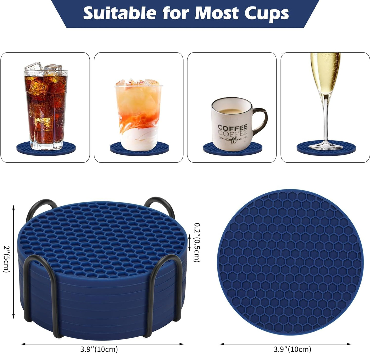 TWTLi Silicone Coasters Set of 8 with Holder,Coasters for Drinks,Beer,Coffee Coasters,Suitable for Kinds Cups,Hot or Cold,Anti-SLI,Non-Stick,Anti-Overflow Tabletop Protection and Decor (8 Pcs, Black)