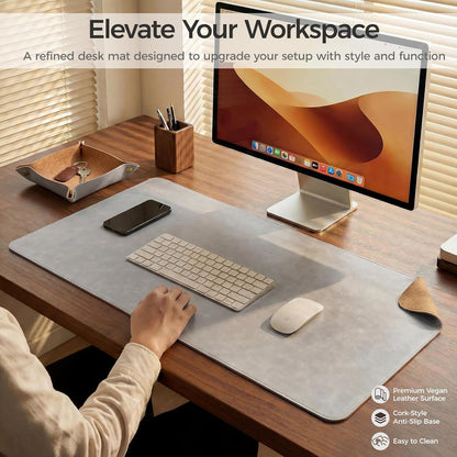 Premium Faux Leather Desk Mat & Tray Set，Innovative Cork-Look Printed Base，Gift Tube Packaging，Full-Desk Coverage，Non-Slip Desk Pad for Office Home（Olive Green）