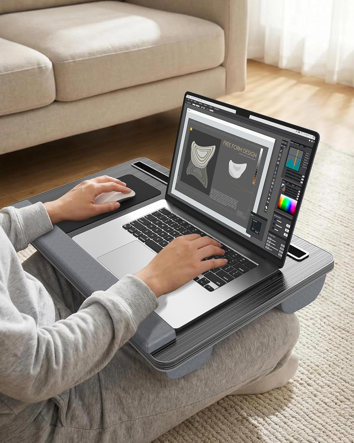 Potuopy Lap Desk- Fits up to 17” Laptop Lap Desk with Wrist Pad, Laptop Lap Pad, Lap Desks for Adults Laptop Stand for Bed with Cushion and 2 Upgraded Mouse Pads, Tablet and Phone Slots (Dark Brown)