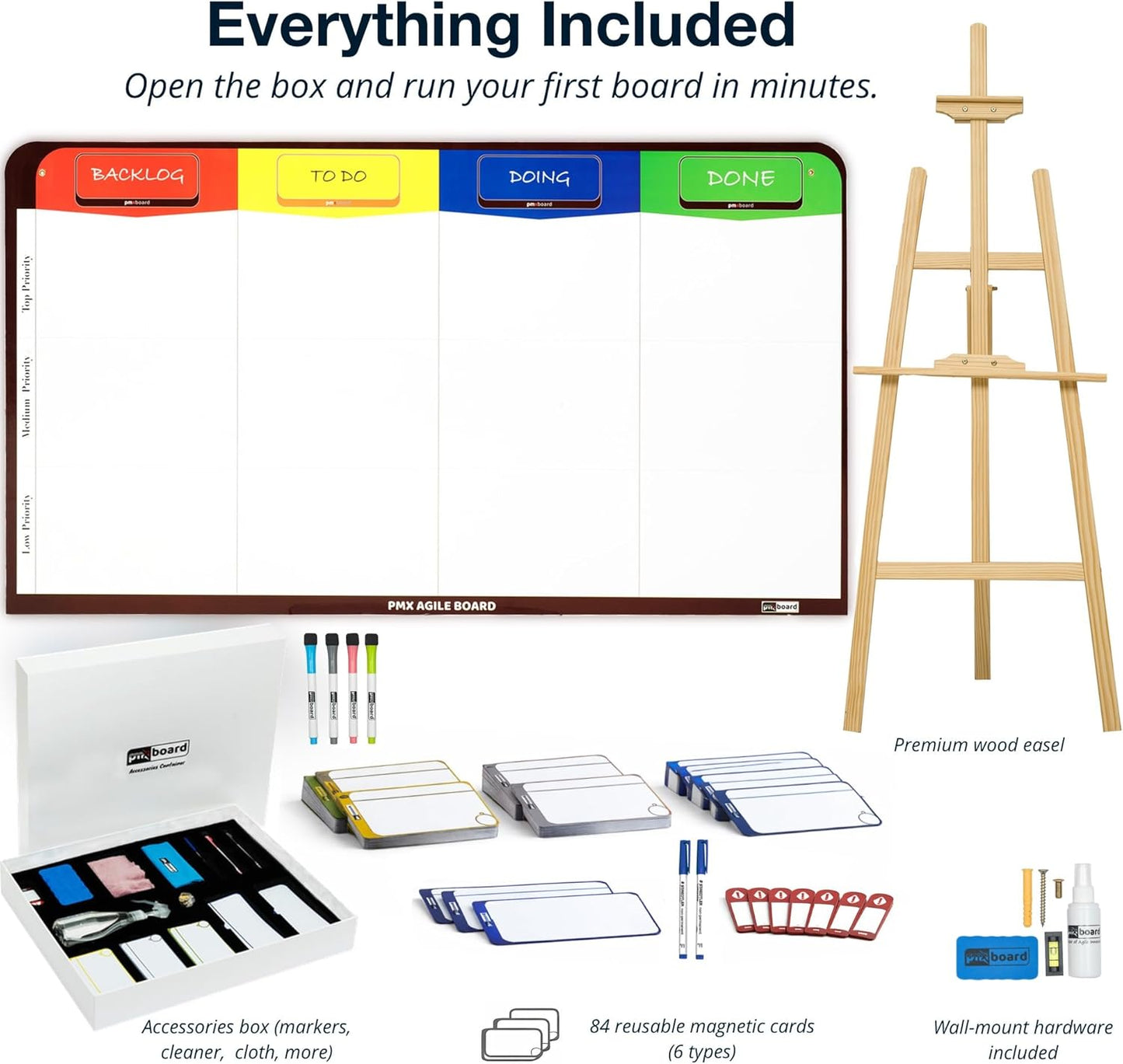 Full Magnetic Agile Board Kit (42" 23") Kanban & Scrum Dry Erase Project Management Board with 84 Magnetic Cards, Easel Stand & Accessories