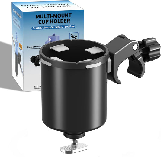 Upgraded Kayak Cup Holder with Track & Clamp Mount, 360° Adjustable Cup Holder Fits 12oz-40oz Tumblers, 2-in-1 Cup & Storage Bin for Kayak Fishing, Tree Stand Hunting, Fits Round & Square Rods