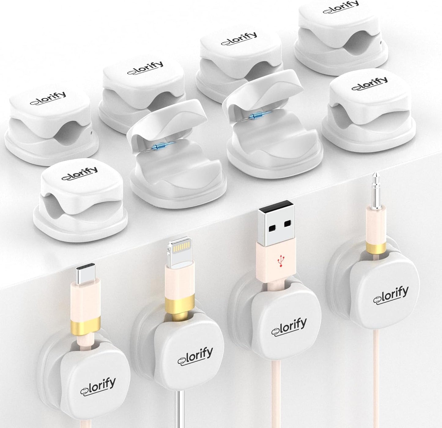 8 Pack Spring Cord Holder Clips [360° Rotatable, 1-Hand Use] — Adhesive Cable Clips for Nightstand, Desk, Wall & Kitchen | Phone Charger Cord Holder | No-Residue | Fits 2.5–8mm Cables