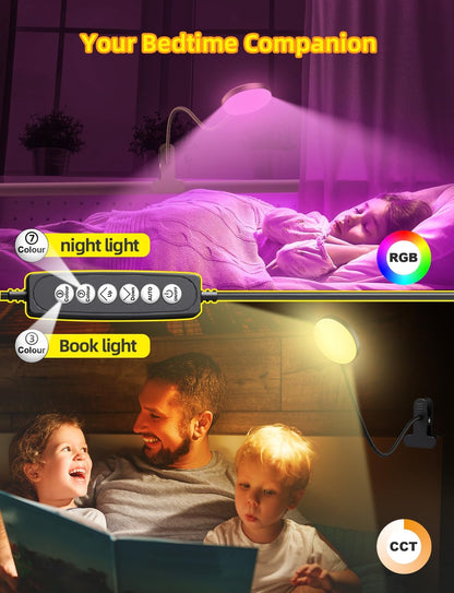Desk Lamp with Clamp-10W，2-in-1 with RGB Ambient & Warm White Light,Book Reading Light Color Changeable/Flexible Gooseneck LED Lamps Clip on Bed Headboard and Computers 800LM-Black