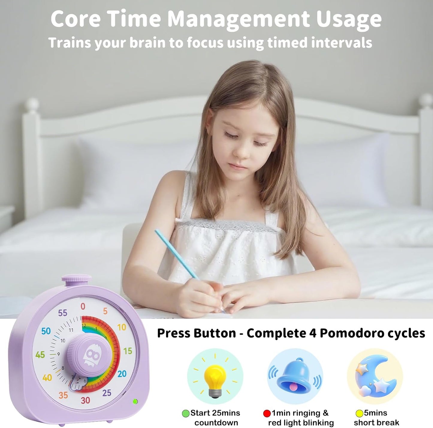 Visual Timer for Kids and Adults 60 Min/12 Hour Rechargeable Countdown Timer with Magnetic Sticker and Mute Function Kids Pomodoro Timers for Classroom Office Kitchen Silent Operation & Rainbow Disk