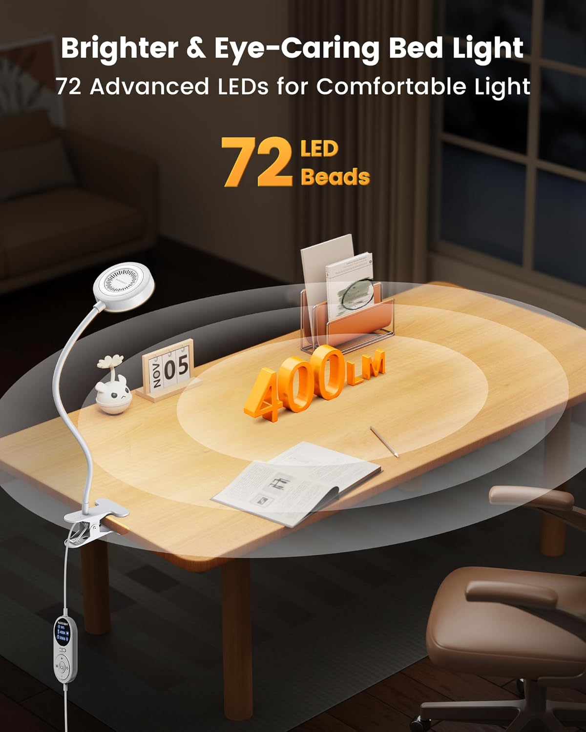 Glocusent 72 LED Clip on Lamp with Remote, Reading Light with Amber Ring, 3 Colors & 5 Dimmable Bed Lamp, 30/60-Min Auto Off Timer, Clamp Light for Headboard/Dorm/Bunk (Black)