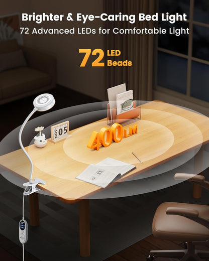 Glocusent 72 LED Clip on Lamp with Remote, Reading Light with Amber Ring, 3 Colors & 5 Dimmable Bed Lamp, 30/60-Min Auto Off Timer, Clamp Light for Headboard/Dorm/Bunk (Black)