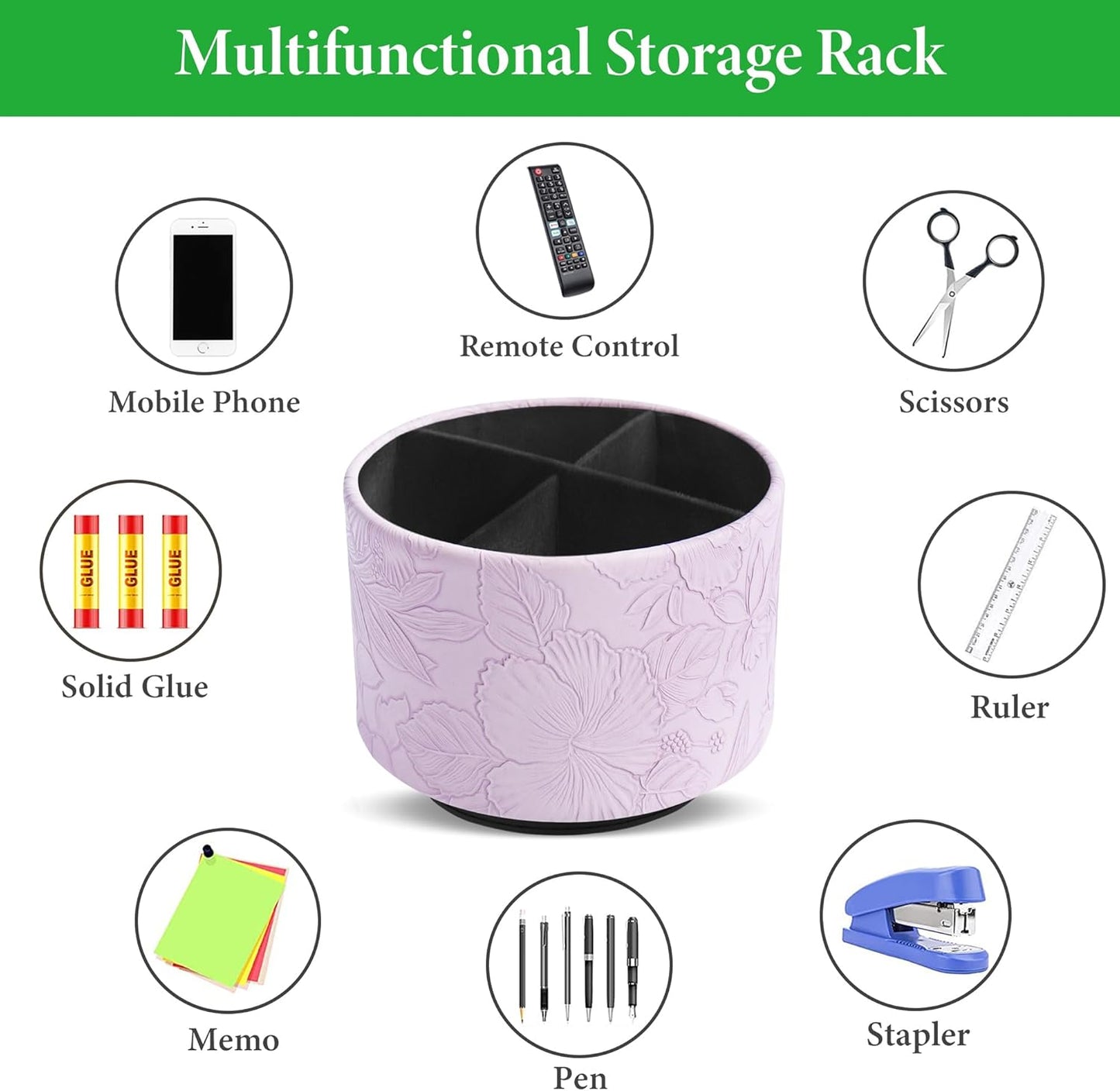 Round Leather Art Supply Organizer,Remote Control Holder,360 Degree Rotating,Multi-Functional Pencil Holder,4 Compartments Desktop Stationary Organizer(1-Fractal Flower) | Round - Colors B