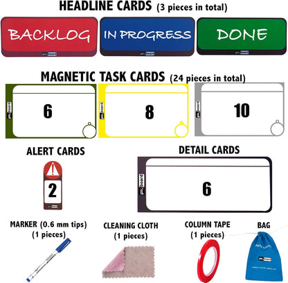 Home Kanban Board Set – 39-Piece Scrum & Agile Magnetic Cards Kit | Complete Kanban Board for Home, Office & School | Reusable Task, Detail, Blocker & Headline Cards for Project Planning